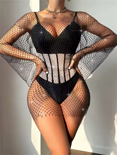 VESTIDO CURTO - MALHA DE STRASS - BRANCO - TAM UN