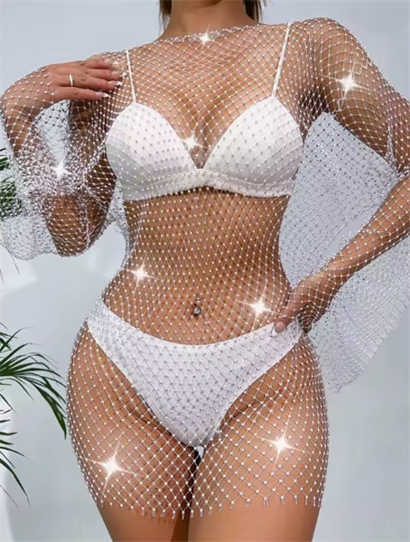 VESTIDO CURTO - MALHA DE STRASS - BRANCO - TAM UN