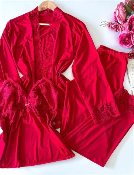 PIJAMA FEMININO 3 PEÇAS COM RENDA - VERMELHO
