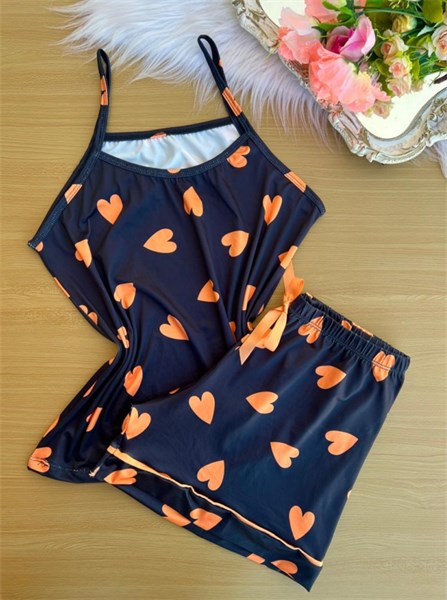 PIJAMA CURTO LOVE – 2 PEÇAS - PRETO/LARANJA