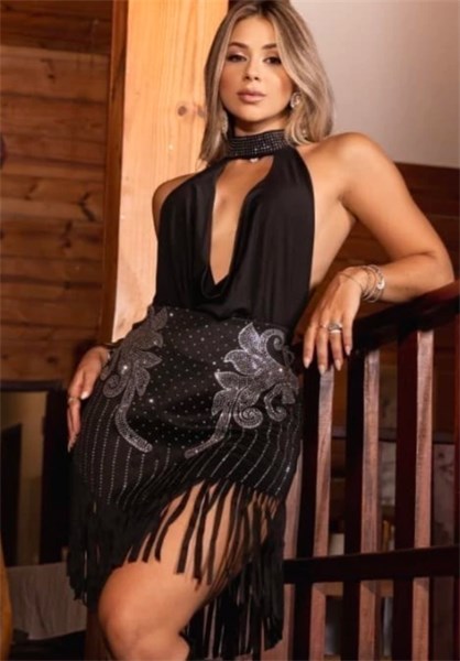 CONJUNTO MADRID - BODY E SAIA COM FRANJAS E PEDRARIAS - PRETO - TAM UN