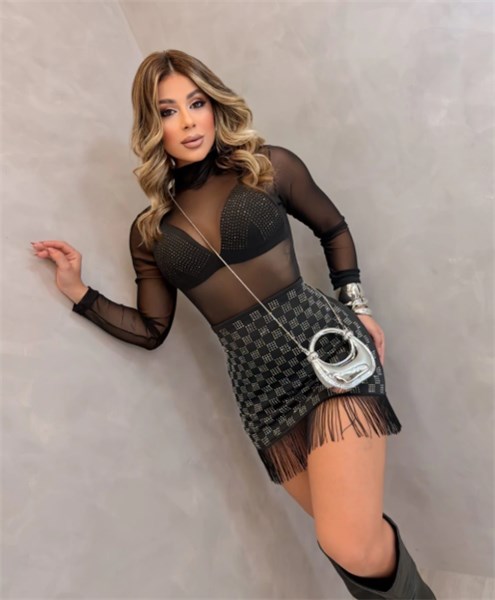 SAIA DIAMOND - PRETO COM PEDRARIAS E FRANJA - TAM UN