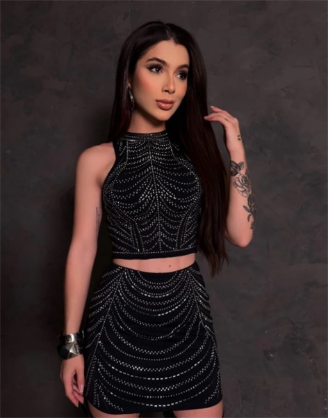 CONJUNTO ATENA - CROPPED E SAIA COM PEDRARIAS - PRETO - TAM UN