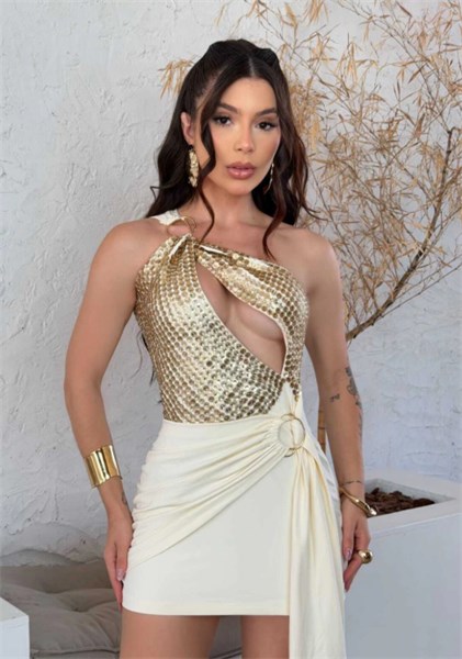 VESTIDO CAPRI - OFF COM DOURADO - TAM UN