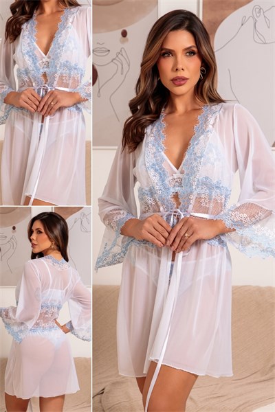 ROBE EM TULE E RENDA - LIVIA - BRANCO/AZUL