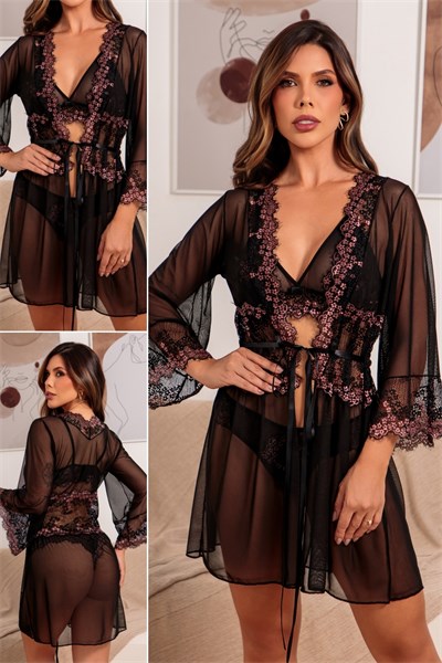 ROBE EM TULE E RENDA - LIVIA - PRETO/ROSE
