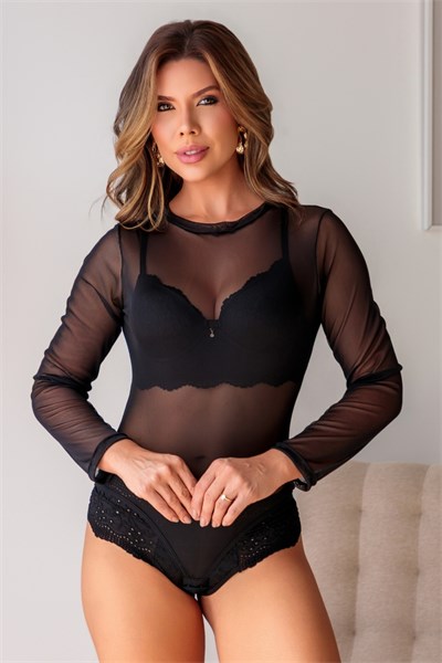 BODY MILÃO EM TULE MANGA LONGA - PRETO