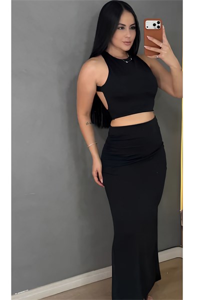 CONJUNTO SAIA LONGA E CROPPED - ATENAS - PRETO