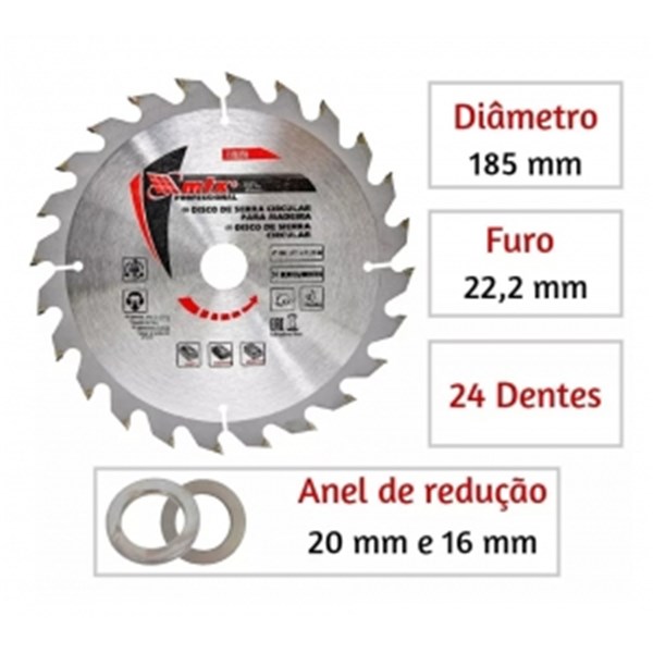 DISCO SERRA CIRCULAR P MADEIRA 185MM 7.1/4"X22,23MM com 24 DENTES, 1 PC //MTX 7326155