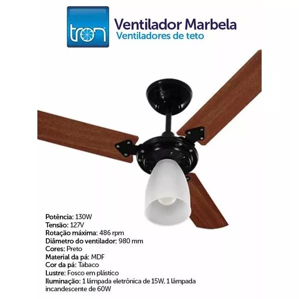 VENTILADOR TETO 127V PTO/TABACO - MARBELLA
