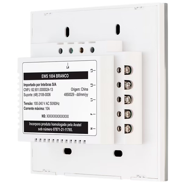 INTERRUPTOR TOUCH, INTELBRAS, SMART, WI-FI, 4 TECLAS, EWS 1004, BRANCO