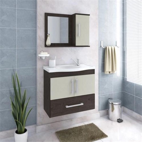 Gabinete para Banheiro Atenas 65cm com Espelheira Café off White MGM 