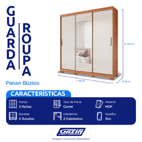Roupeiro Panan Buzios 100  Mdf 3pts 4 Gvs - 40010129-0172 - PC / 4