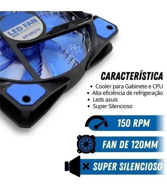 Cooler FAN Para Gabinete e CPU 12x12cm - Com LED Azul - KP-VR310