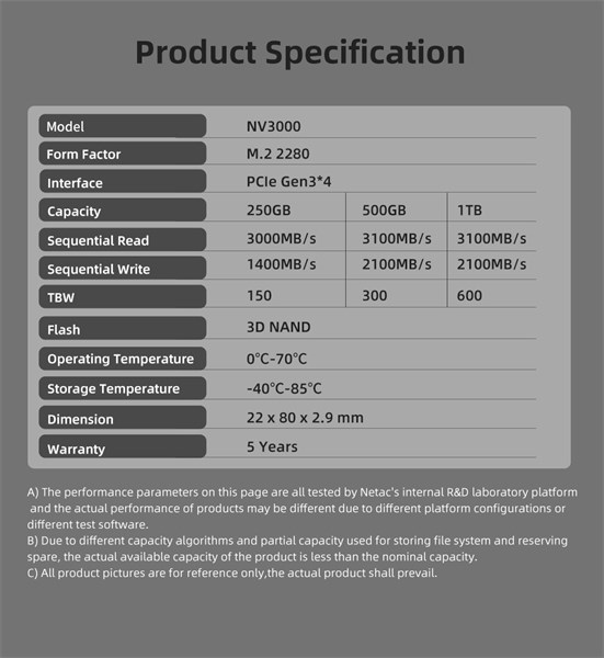 SSD 1TBGB M.2 NVMe PCIe 2280 NV3000 - Netac
