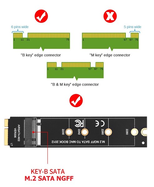 Adaptador SSD M.2 SATA NGFF Para Macbook Air A1465 A1466 2012 MD223 MD224 MD231 MD232 7+17 Pinos