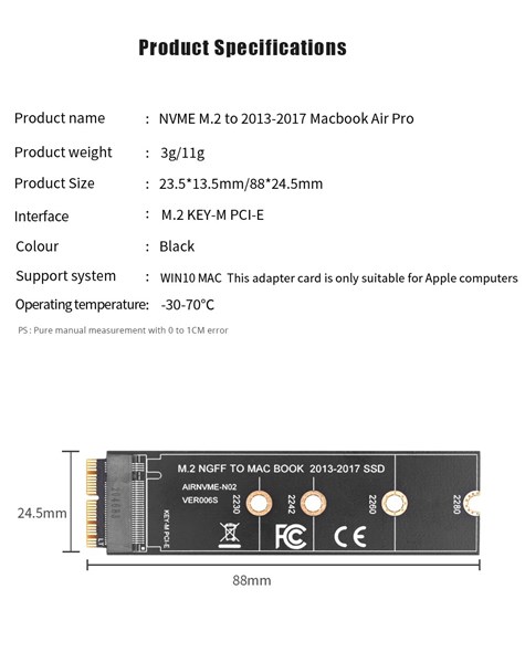 Adaptador SSD M.2 NVMe Para Macbook A1398 A1502 A1465 A1466 2013 2014 2015 2016 2017 iMac A1418 2013 2017 - 12+16 Pinos