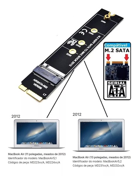 Adaptador SSD M.2 SATA NGFF Para Macbook Air A1465 A1466 2012 MD223 MD224 MD231 MD232 7+17 Pinos