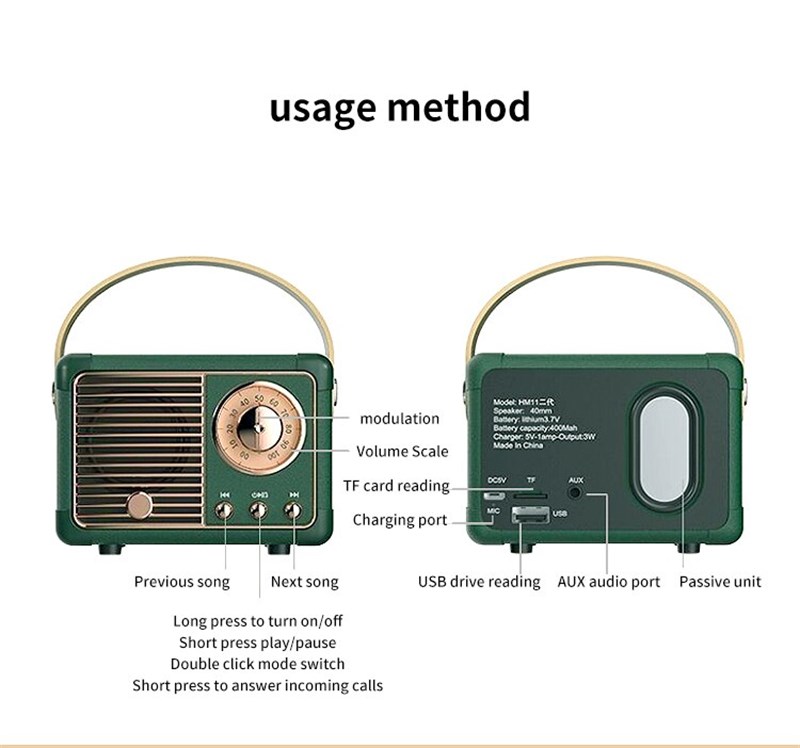 Caixa de Som Bluetooth Retrô - HM11 - Verde