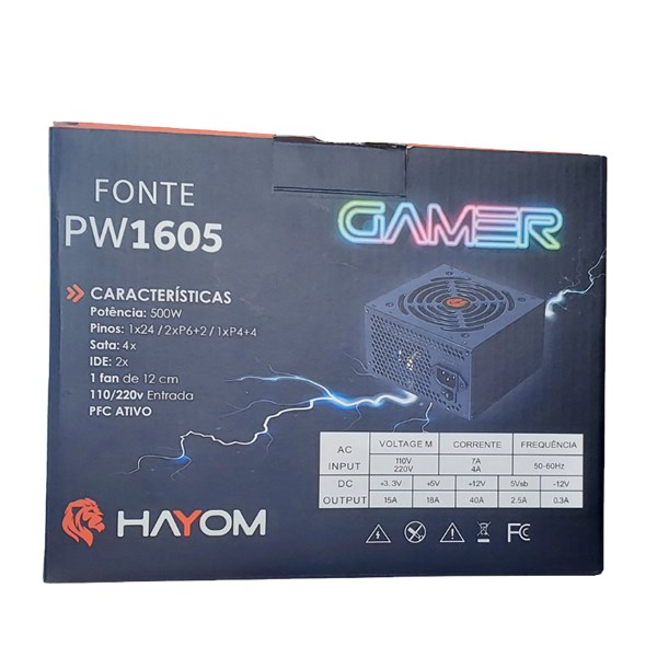 Fonte ATX 500W Gamer - PFC Ativo - PW1605 - Hayom