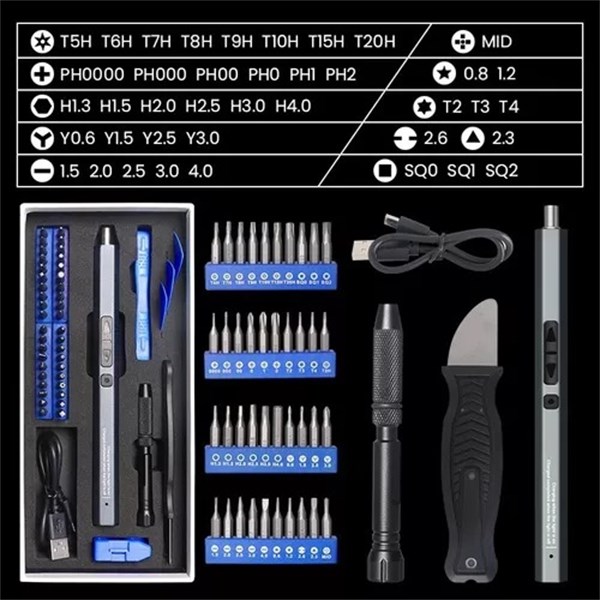 Chave de Fenda Elétrica de Precisão Com LED - 50 Peças - Bits Magnéticos