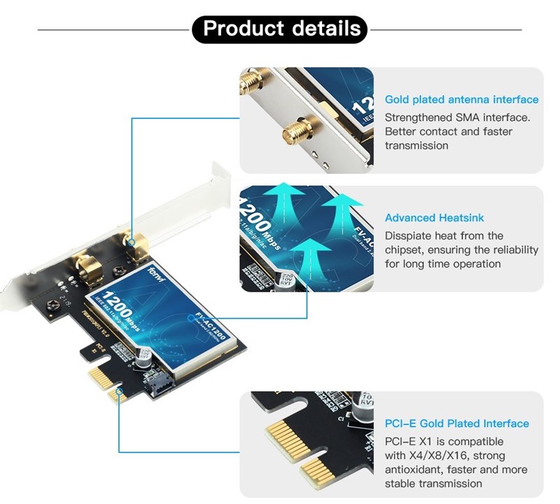 Adaptador Wifi Wireless PCI-e Dual Band 2.4G 5GHz 1200Mbps e Bluetooth 4.0