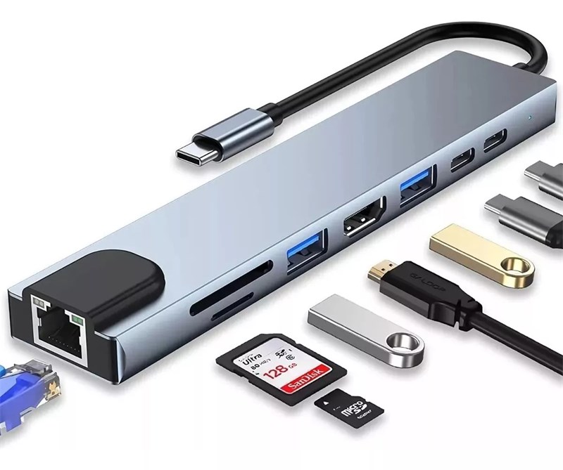 Adaptador Hub Tipo-c 8 Em 1 Hdmi 4k Lan Usb 3.0 Sd/tf - USB-C Multi-Function Docking Station - HDMI 4K RJ45 USB3.0 USB2.0 USB C SD TF PD3.0