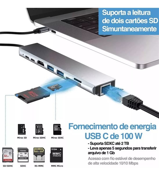 Adaptador Hub Tipo-c 8 Em 1 Hdmi 4k Lan Usb 3.0 Sd/tf - USB-C Multi-Function Docking Station - HDMI 4K RJ45 USB3.0 USB2.0 USB C SD TF PD3.0