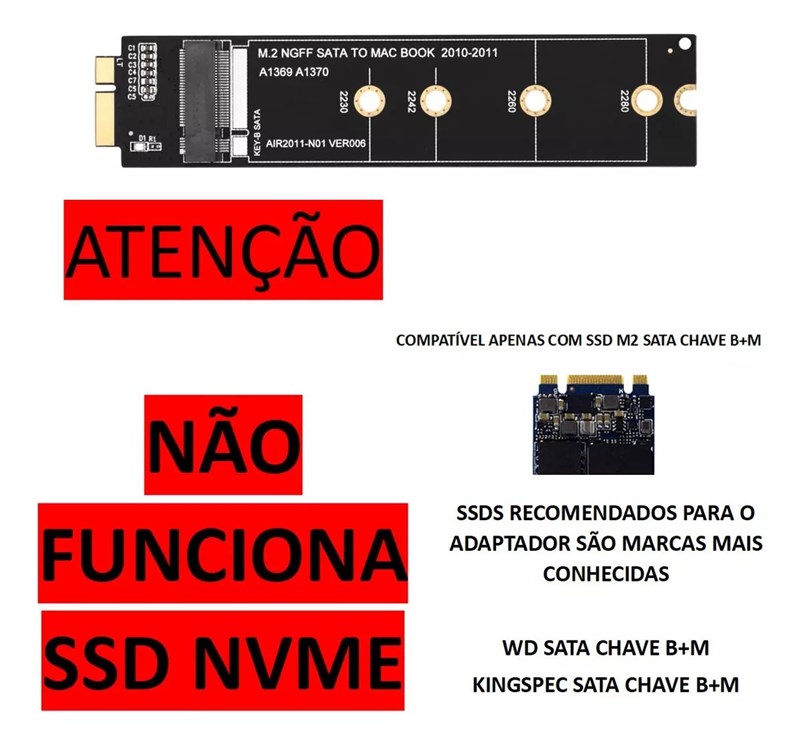 Adaptador SSD M.2 SATA NGFF Para Macbook Air A1369 A1370 AIR2011 2010 2011 - 6+12 Pinos
