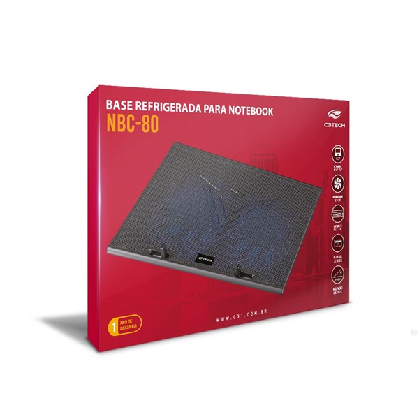 Suporte Para Notebook 17.3" - Refrigerada com 2 Coolers de 150mm Com LED Azul Com USB Com Controle de Velocidade - NBC-80BK C3Tech