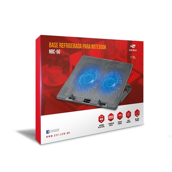 Suporte Para Notebook 15,6" - Refrigerada com 2 Coolers de 125mm Com LED Azul Com USB - NBC-50BK NBC-50V2BK - C3Tech