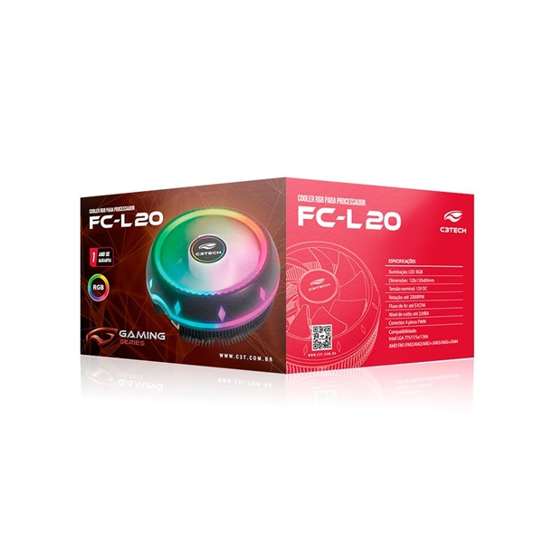 Cooler Para Processador CPU Intel LGA 775 1150 1151 1155 1156 1200 1366 AMD FM1 FM2 AM2 AM2+ AM3 AM3+ AM4 - FC-L20RGB - C3Tech