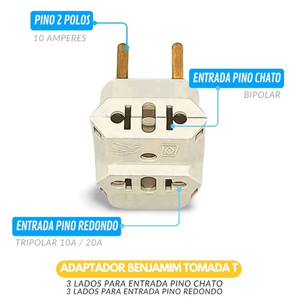 Adaptador de Tomada Benjamim T Com 3 Entradas 10A 20A Até 250V