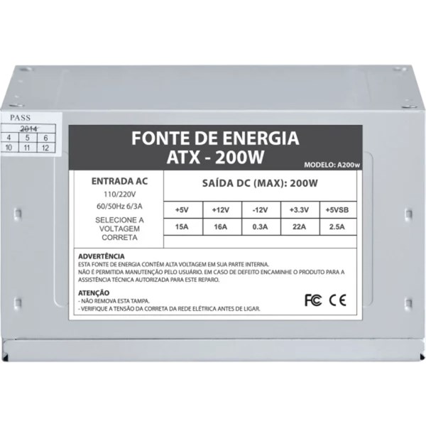 Fonte ATX 200W - Cooler 8cm - Sem Cabo de Força - VKOEM
