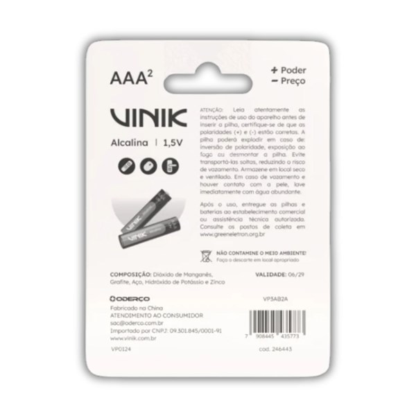Pilha Alcalina AAA 1.5V - Com 2 Unidades - VP3AB2A - VINIK