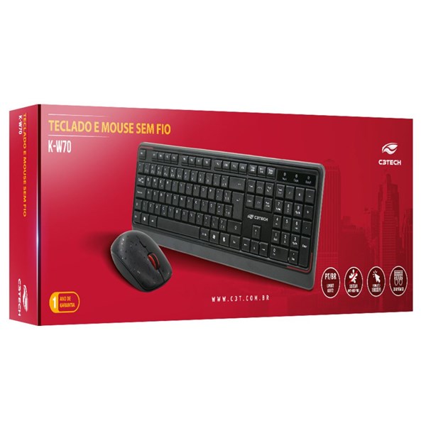 Combo Teclado + Mouse Sem Fio - K-W70BK - C3Tech