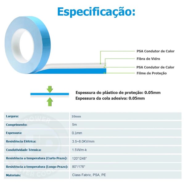 Fita Térmica Adesiva Dupla Face ThermalTape - 1.5W/wK - Largura 10mm - Comprimento 5 Metros - Power UP