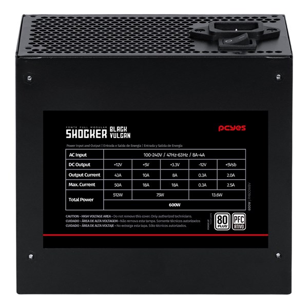 Fonte ATX 600W Gamer Modular Shocker Full 80 Plus 80+ White - Black Vulcan - FM600WBV - PCYES