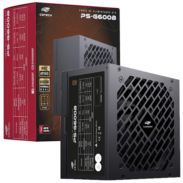 Fonte ATX 600W Gamer 80Plus 80+ Bronze - Sem Cabo - PS-G600B - C3Tech
