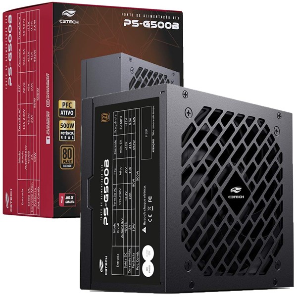 Fonte ATX 500W Gamer 80Plus 80+ Bronze - Sem Cabo - PS-G500B - C3Tech