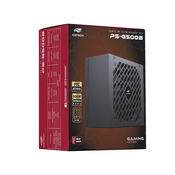 Fonte ATX 500W Gamer 80Plus 80+ Bronze - Sem Cabo - PS-G500B - C3Tech