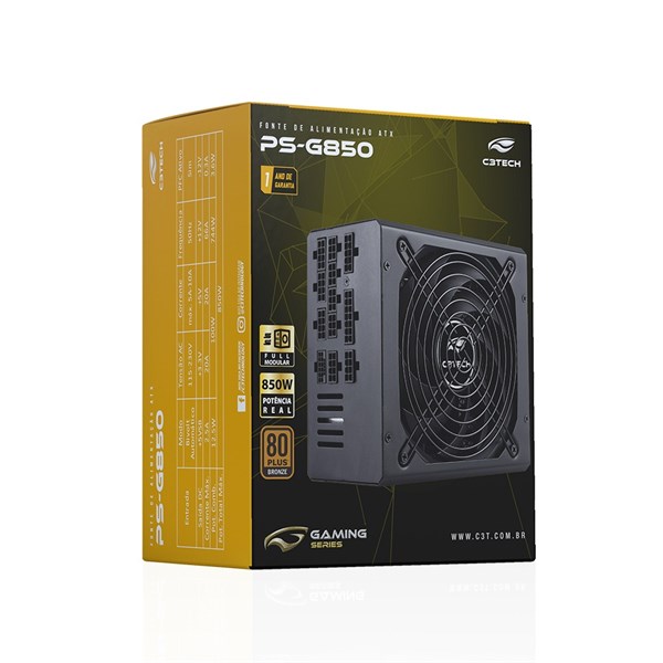 Fonte ATX 850W Gamer Full Modular 80Plus 80+ Bronze - PS-G850 - C3Tech