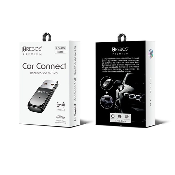 Adaptador Receptor Bluetooth USB Musica Som Chamada Carro - ​​​​​​​Car Connect - Receptor Auto Sync Premium AD-215 - HREBOS