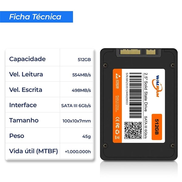 SSD 512GB Sata III 2.5" - Leitura 500 Mbps Gravação 450 Mbps - Walram