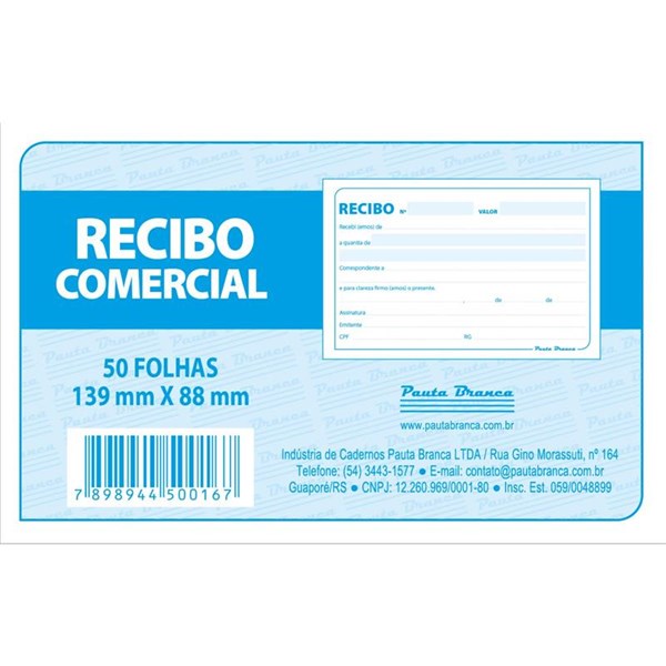 BLOCO RECIBO COMERCIAL S/ CANHOTO 50FLS PAUTA BRANCA