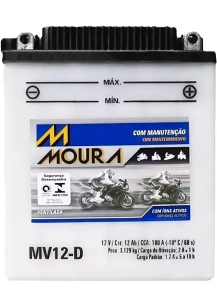 BATERIA MOTO 12 AMP (MV12-D) LADO DIREITO (BASE DE TROCA) - MOURA