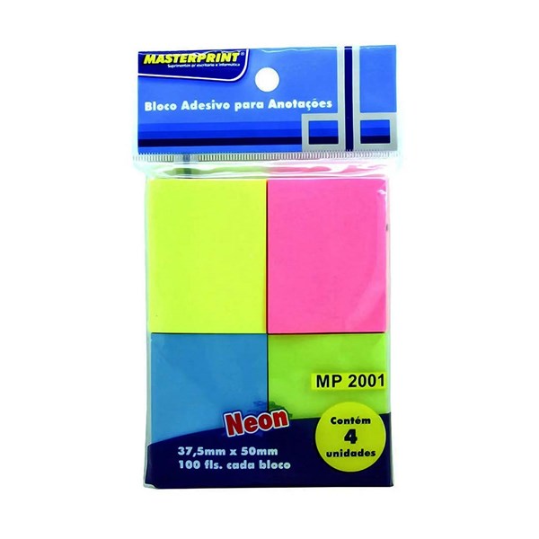 Bloco Adesivo Anotações 37,5x50MM Neon Cores 4X100folhas