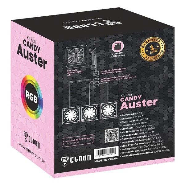 Kit 3 Fans Cooler Auster Candy Clanm Molex 4pin