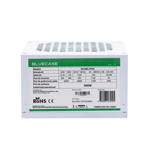 Fonte ATX 500W Bivolt Auto Branca BLU500-ATPS2W Bluecase
