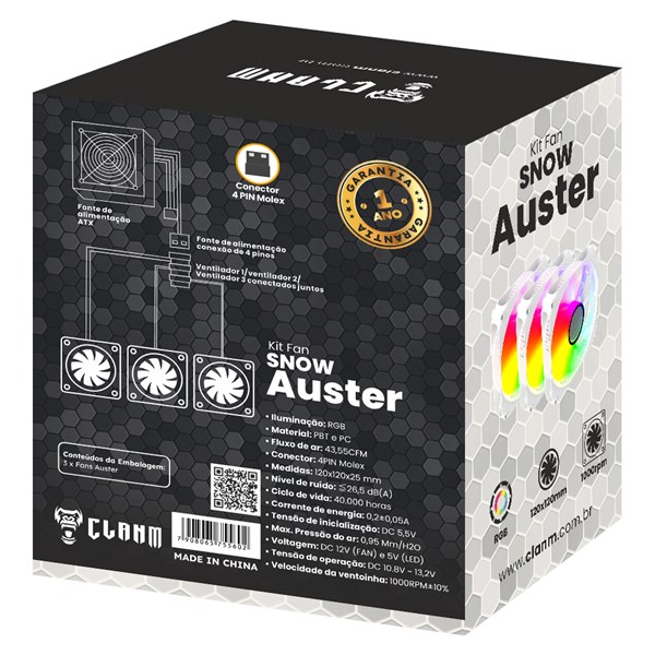 Kit 3 Fans Cooler Auster Snow Branco Clanm Molex